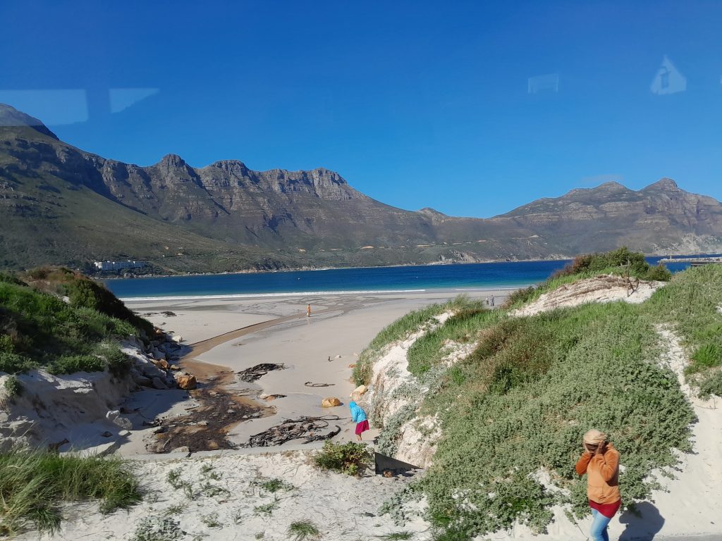 Hout Bay area in Cape Town. View of bay and surrounding mountains. Chapman's Peak Drive toll road visible on the other side of the bay, winds its way between Noordhoek and Hout Bay on the Atlantic Coast.