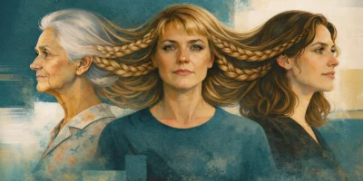 Three women connected by a braid across generations