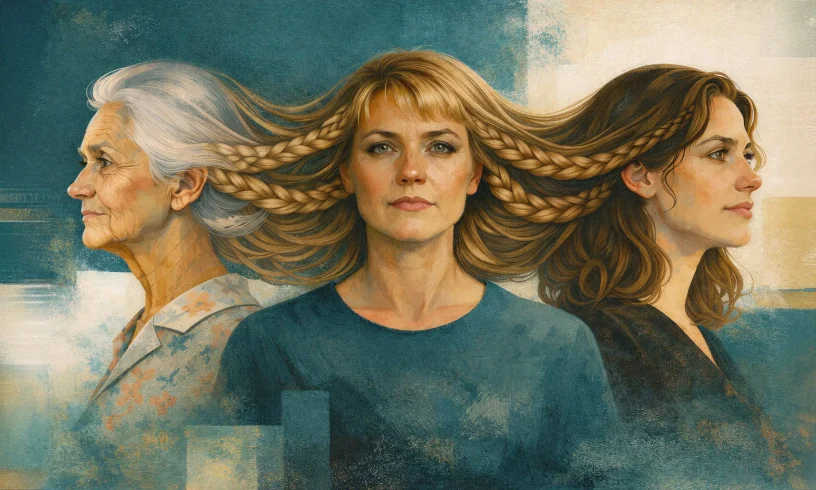 Three women connected by a braid across generations